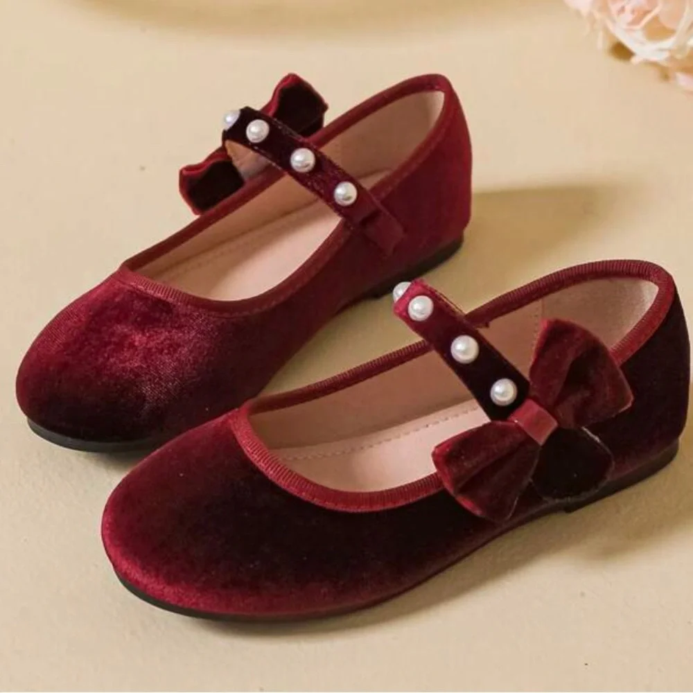 Girls Velvet Mary Jane Shoes with Pearl Strap - Burgundy Size 1